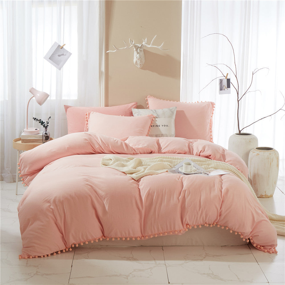 Solid Color Washed Ball Tassel Duvet Cover Set - 3 Pieces - Calm Cloud Bedding